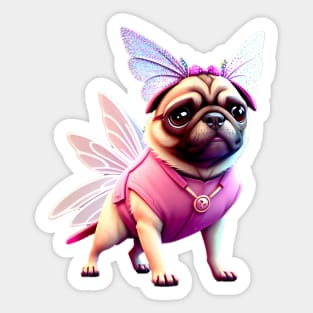 Cute Pug in Pink Fairy Costume - Adorable Dog in Whimsical Pink Fairy Outfit Sticker